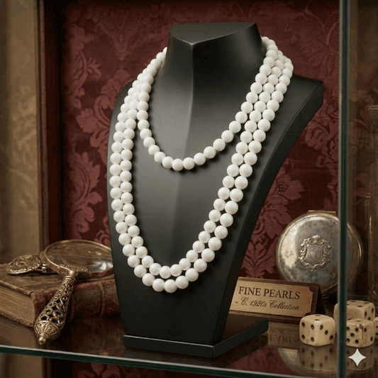 Classic 3 Strand White Pearl Necklace displayed on a black bust for elegant jewelry styling