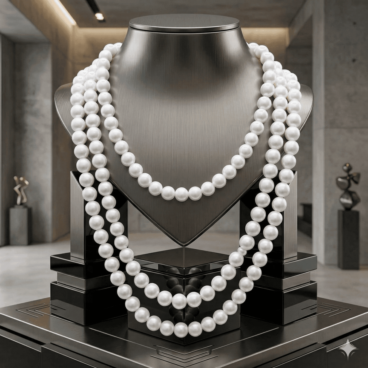 Classic 3 Strand White Pearl Necklace displayed on a sleek black bust for elegant jewelry presentation