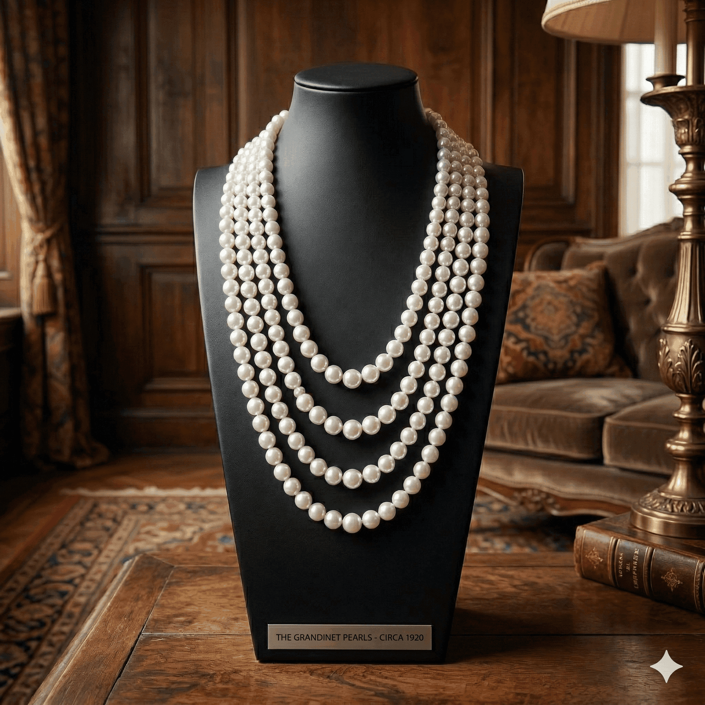 Classic 4 Strand Pearl Necklace displayed on a stylish bust in an elegant setting