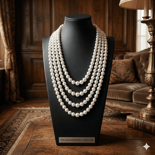 Classic 4 Strand Pearl Necklace displayed on a stylish bust in an elegant setting
