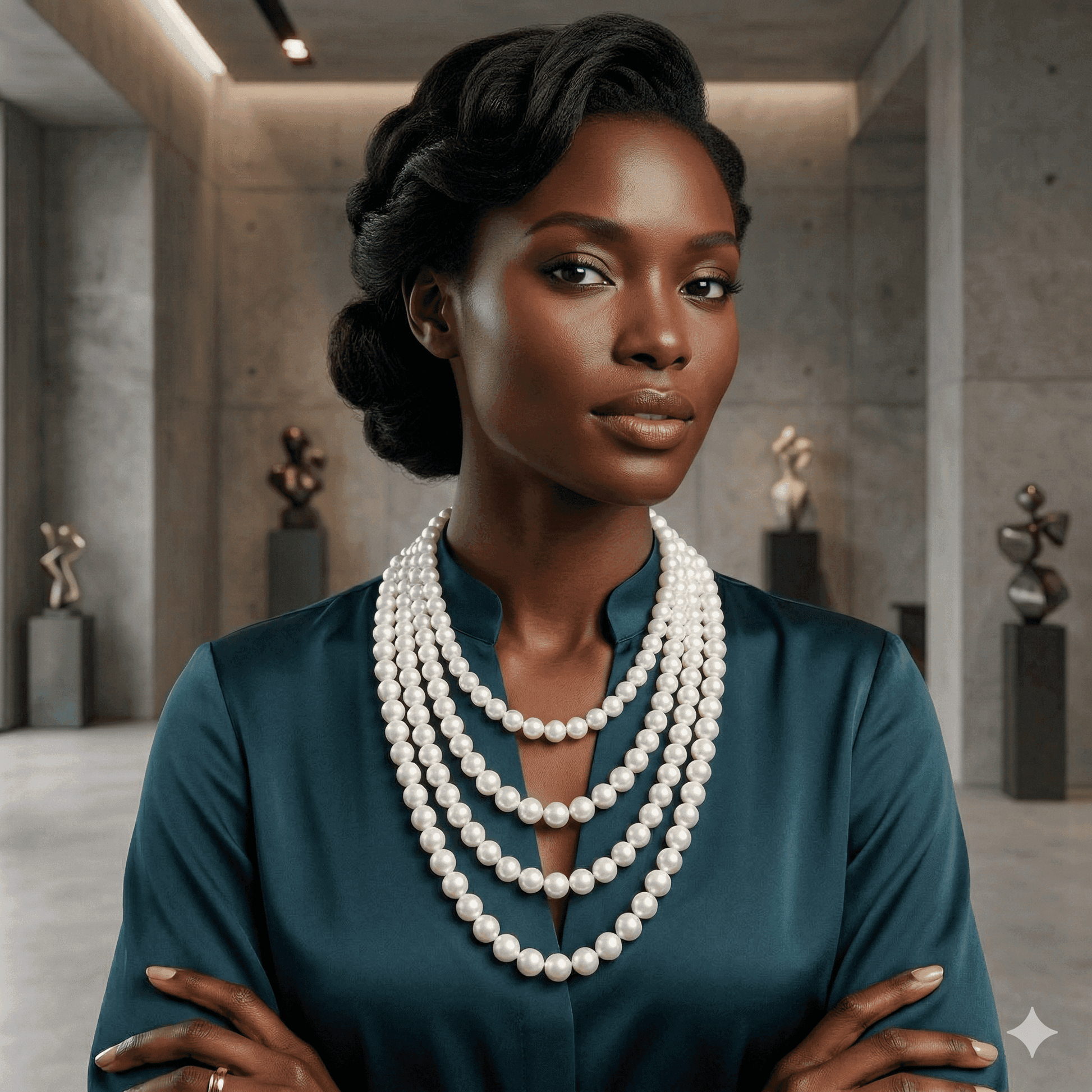 Elegant model wearing a Classic 4 Strand Pearl Necklace paired with a stylish blouse