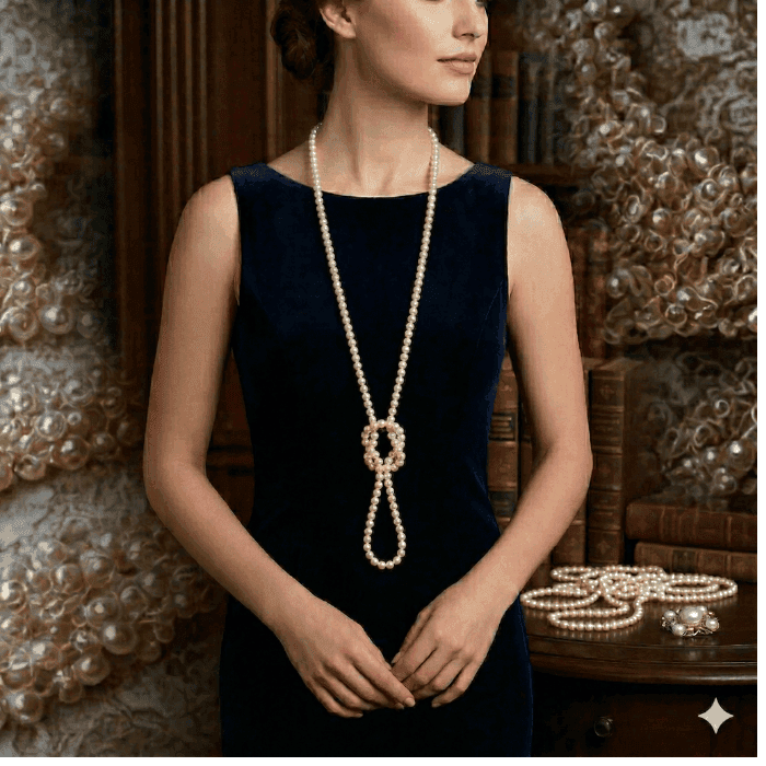 Classic 55 Inch White Glass Pearls Necklace worn by a model with a stylish black dress