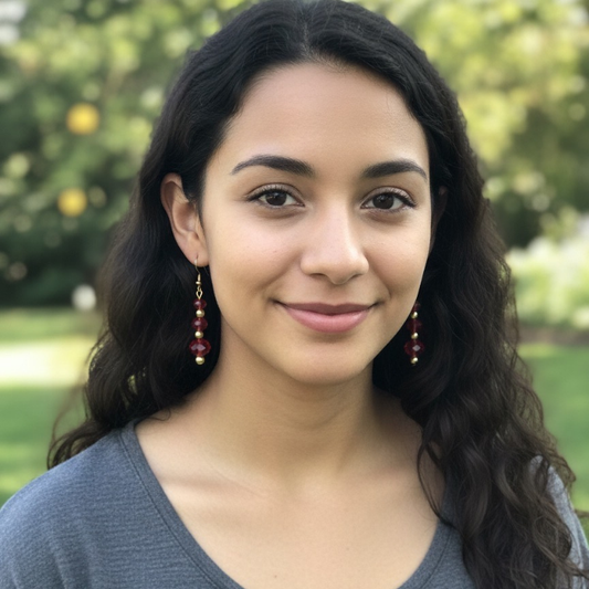 Elegant Crimson and Gold Drop Earrings designed by Peace N Beads Design, perfect for any occasion