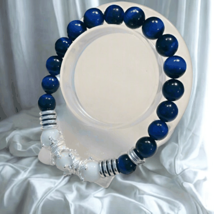 Crown Blue Tiger Eye Bracelet by Peace N Beads featuring polished blue tiger eye beads and silver accents