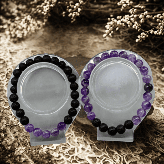 Crown Chakra Bracelets featuring amethyst and lava stone beads for spiritual healing