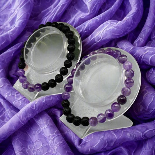 Peace N Beads Design Crown Chakra Bracelets featuring amethyst and lava rock beads on display