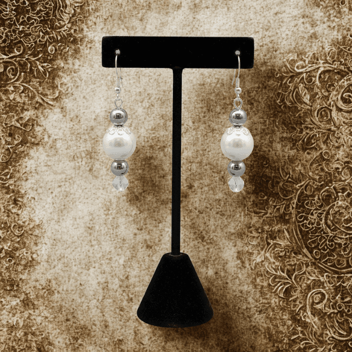 Elegant Crystal Pearl Drop Earrings featuring silver and pearl beads for a sophisticated look