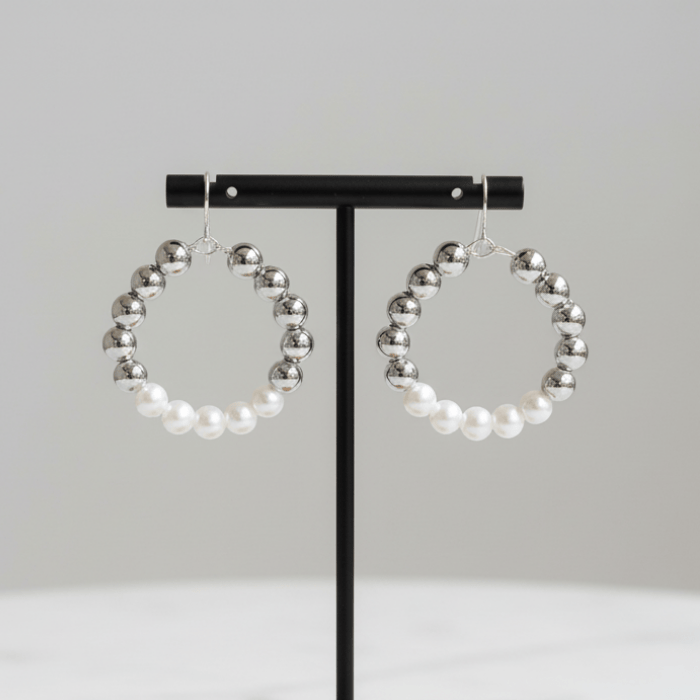 Dainty White and Silver Hoop Earrings with a stylish design featuring shiny beads