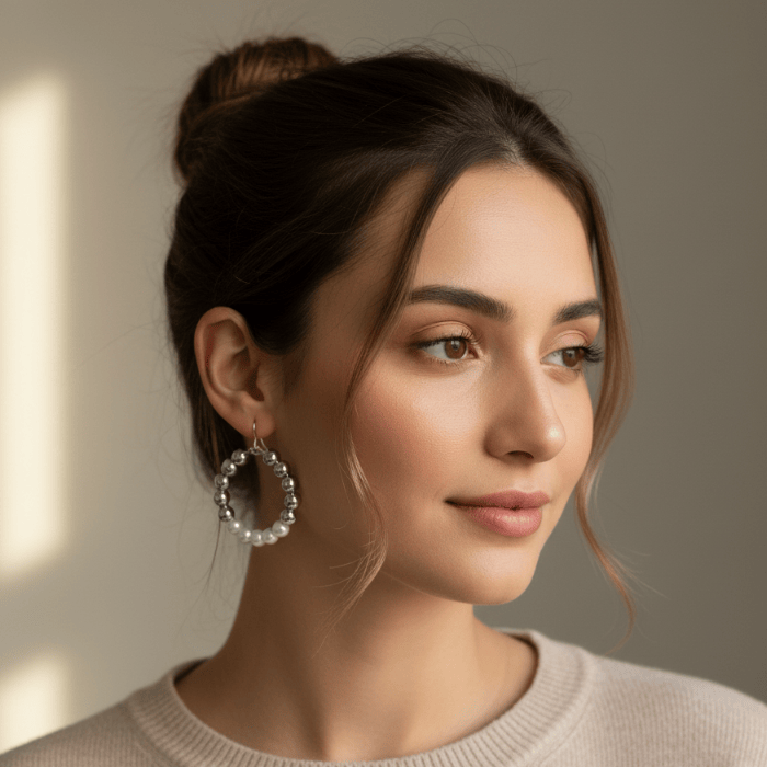 Dainty White and Silver Hoop Earrings showcased on a model with natural makeup and soft lighting