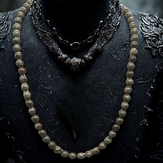 Dragon Blood Gemstone Necklace by Peace N Beads with round natural gemstone beads on display