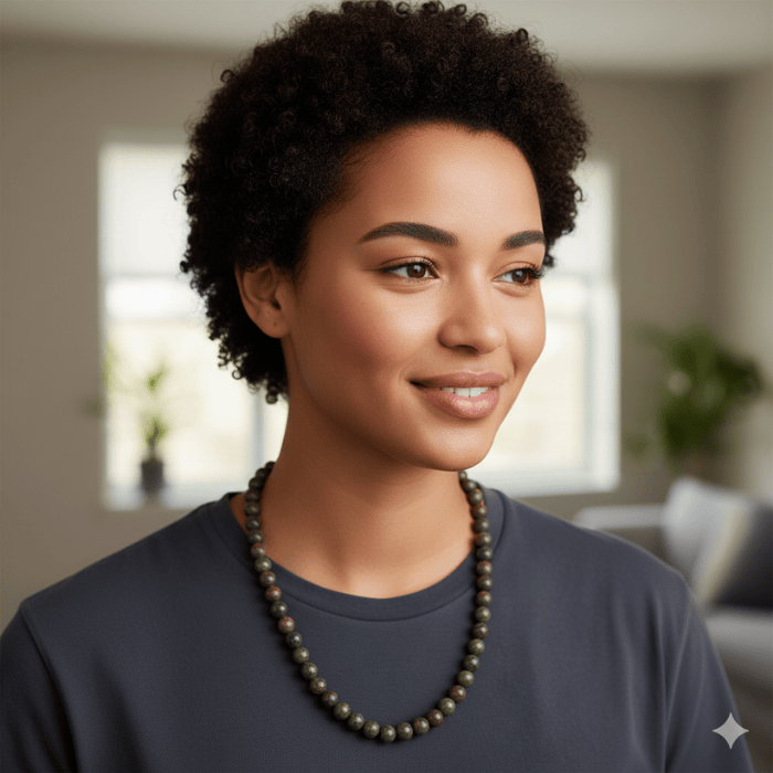 Dragon Blood Gemstone Necklace displayed on a model with a stylish top in a bright room
