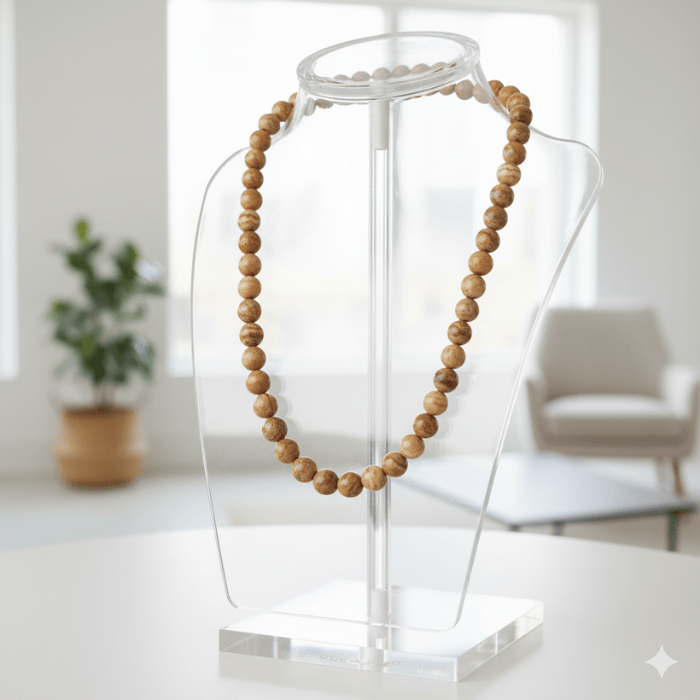 Earthy Natural Jasper Beaded Necklace displayed on a clear stand in a bright room