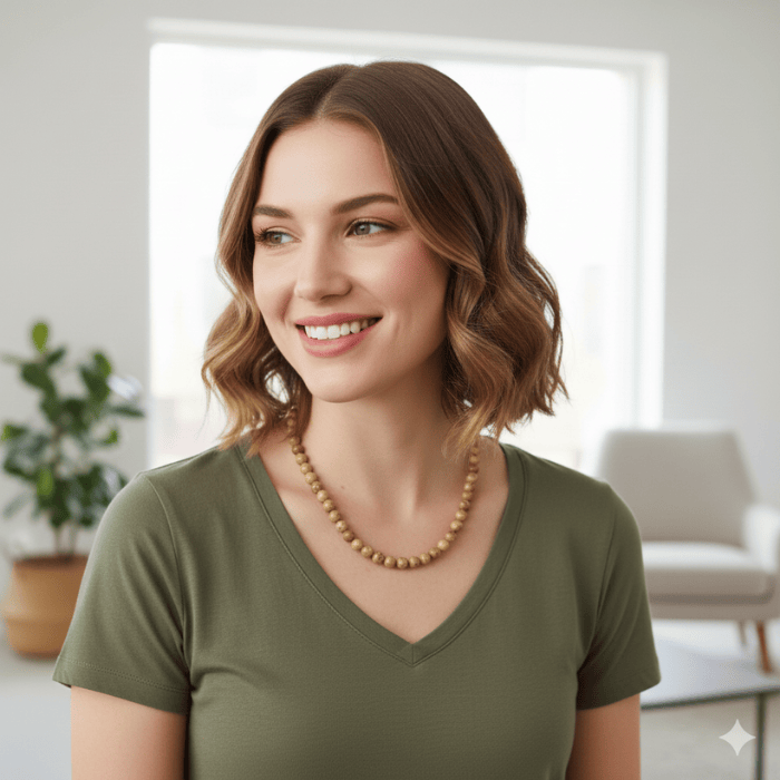 Woman wearing an Earthy Natural Jasper Beaded Necklace with a casual green top in a bright room