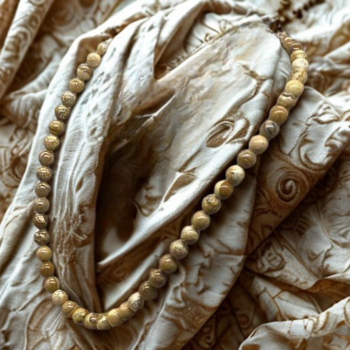 Earthy Natural Jasper Beaded Necklace displayed on a textured fabric background