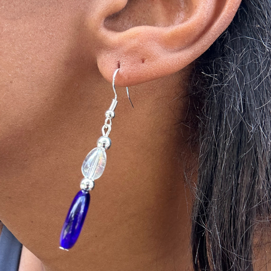 Elegant Blue Acrylic Earrings with Glass Crystals hanging from ear by Peace N Beads Design