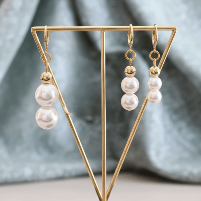 Elegant Pearl 2 Drop Earrings in Gold with White Pearls for a Stylish Look