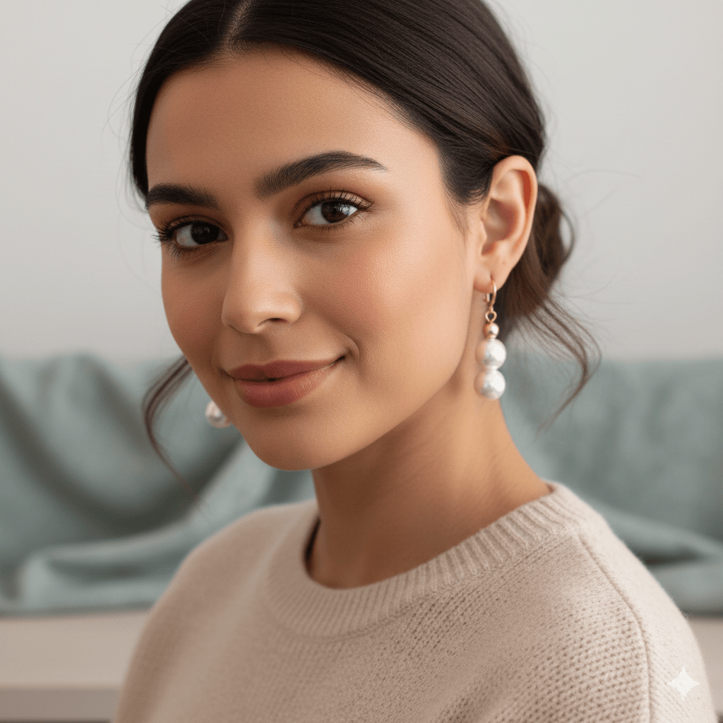 Elegant Pearl 2 Drop Earrings showcased on a model with a soft sweater in a modern setting