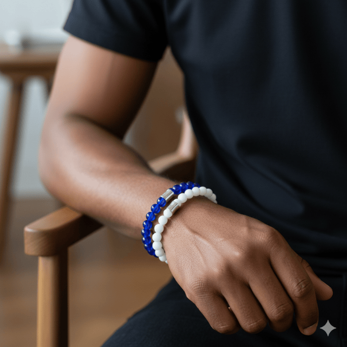 Elegant White and Blue Jade Gemstone Bracelet Set worn by a man with a casual black shirt