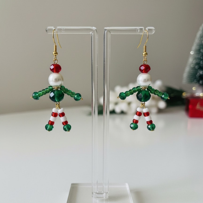 Enchanted Elf Earrings made with green and red beads, featuring a playful design for festive occasions