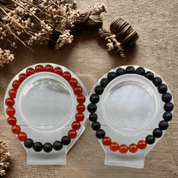 Energy Balancing Bracelets Root Chakra in red and black with natural stone beads for wellness