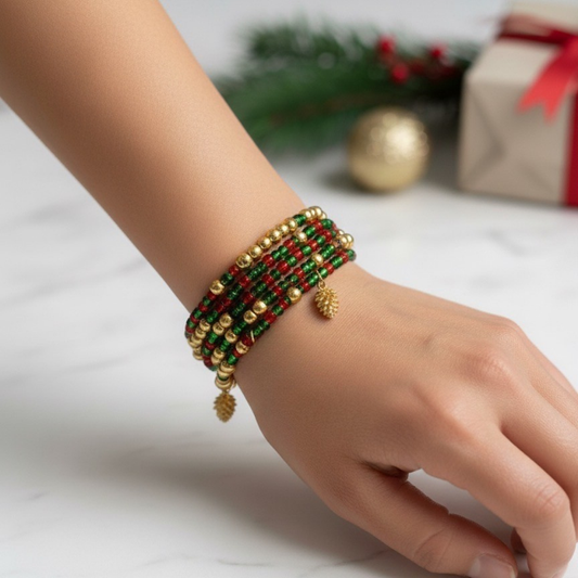 Evergreen Wrap Bracelet featuring red and green beads with gold accents for a festive holiday look