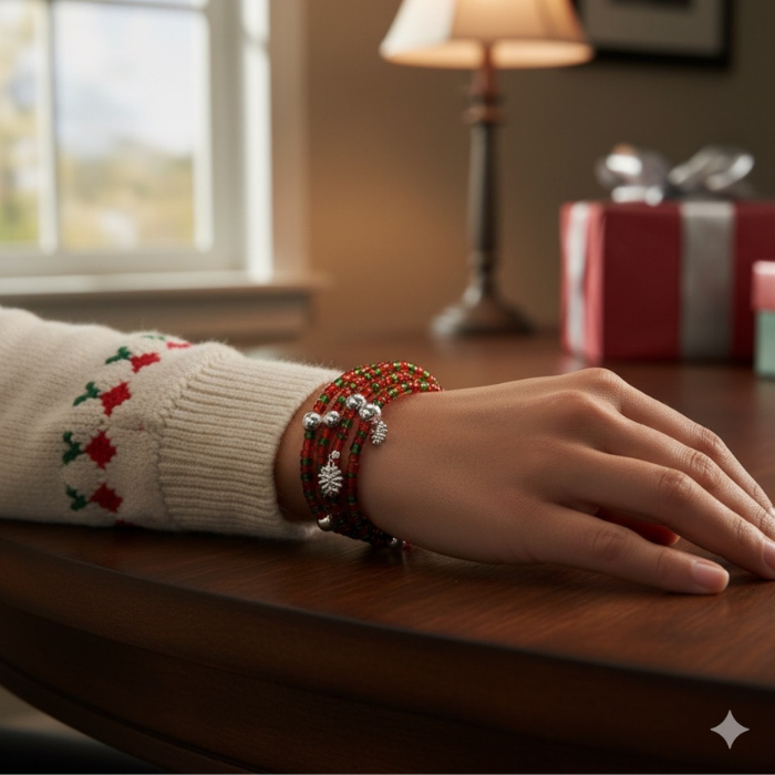 Evergreen Wrap Bracelet adorned with festive charms, perfect for holiday gifting and stylish wear