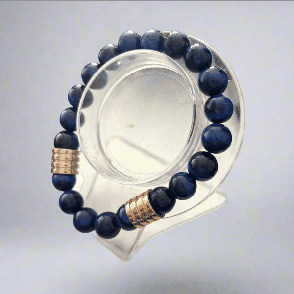 Exquisite Blue Tiger Eye Bracelet from Peace N Beads with polished dark blue beads and gold accents