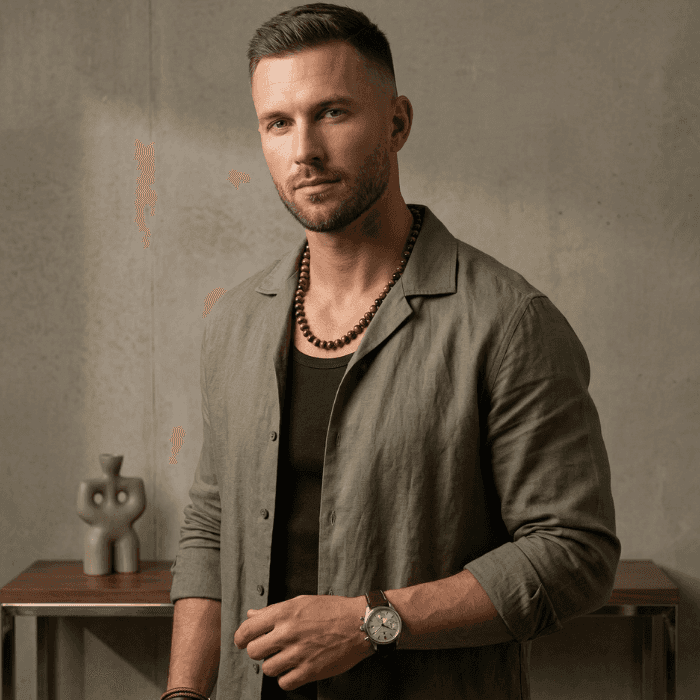 Man wearing a Peace N Beads Tiger Eye Necklace, promoting strength and confidence. Feel Empowered with a Tiger Eye Necklace.