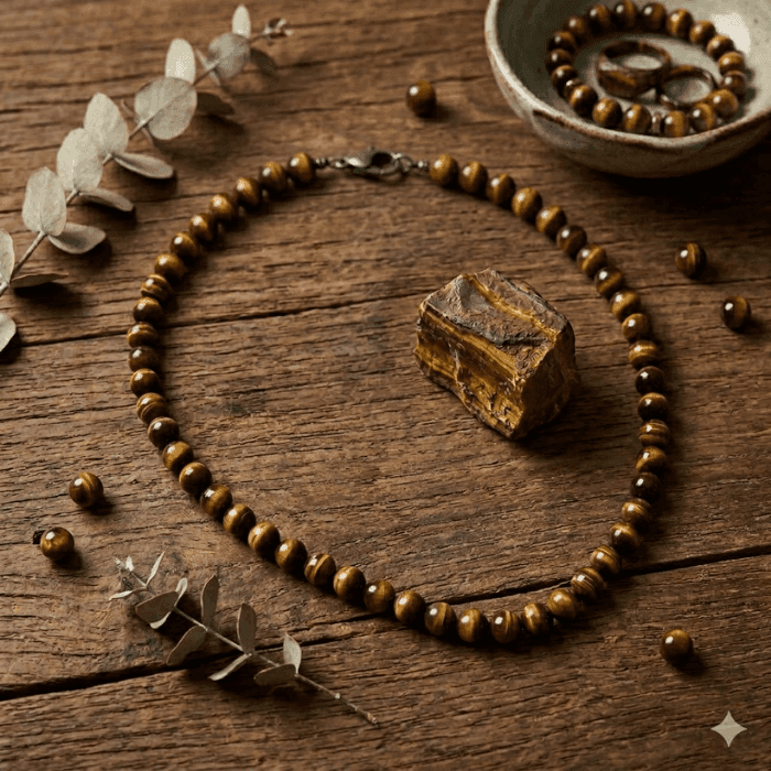 Feel Empowered with a Tiger Eye Necklace featuring wooden beads on a rustic wooden background