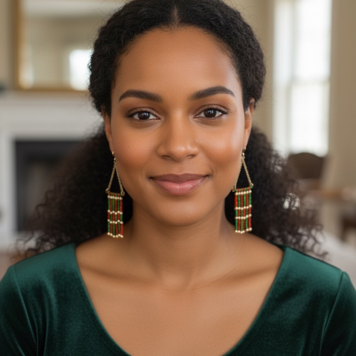 Model wearing festive seed bead drop earrings featuring colorful beads for a vibrant look