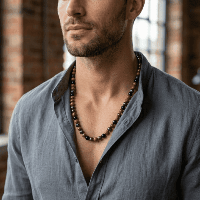 Gemstone Spiritual Protection Necklace displayed on a model wearing a gray shirt in a brick room