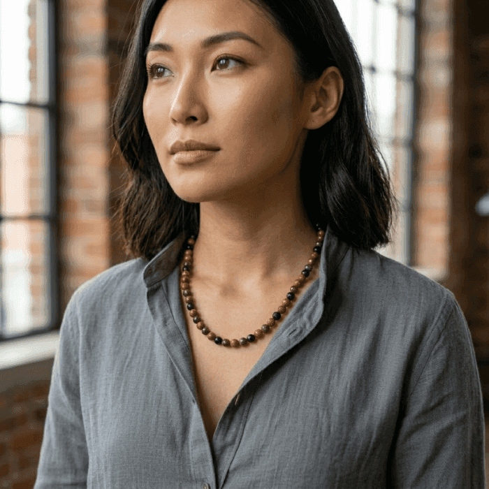 Gemstone Spiritual Protection Necklace displayed on a model in a modern setting