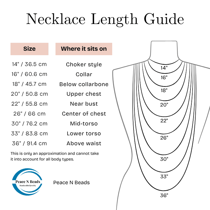 Necklace length guide showing sizes in inches and centimeters with where each length sits on the body by Peace N Beads for Handmade Blue Glass Bead Necklace