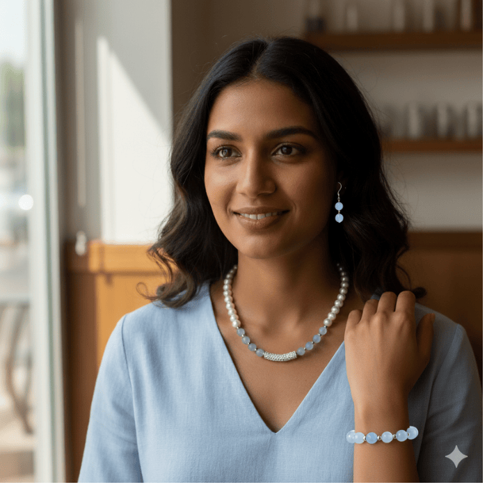 Elegant jewelry set featuring handmade light blue glass beads, including necklace, earrings, and bracelet
