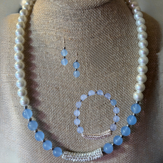 Handmade Light Blue Glass Beads with Rhinestone Accent Jewelry Set featuring a necklace, bracelet, and earrings