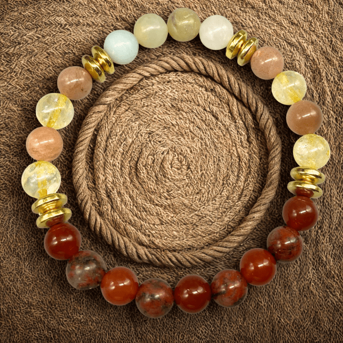 Harmony Gemstone Bracelet featuring an array of colorful beads and golden accents on a textured background