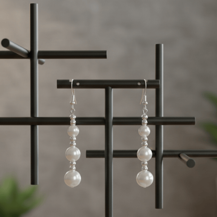 Hematite and Glass Pearl Drop Earrings elegantly designed with silver accents and pearl drops