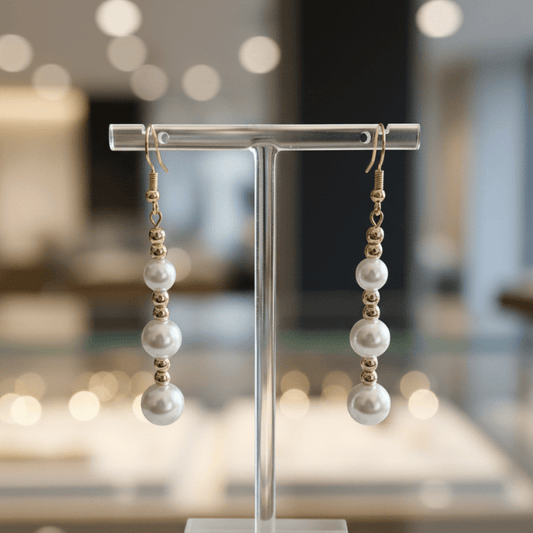 Hematite and Glass Pearl Drop Earrings with Gold Accents on a Display Stand