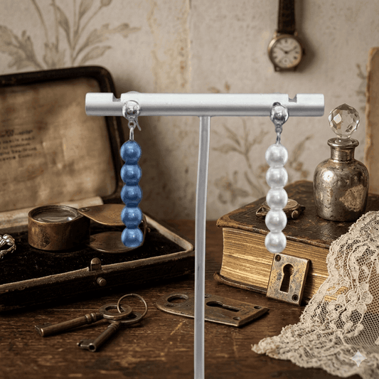 Elegant Long Stud Drop Earrings in Blue and Silver Displayed on a Stand with Vintage Accessories