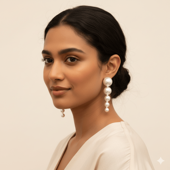 Stylish model wearing Pearl Perfection White Glass Drop Earrings that enhance elegance and sophistication
