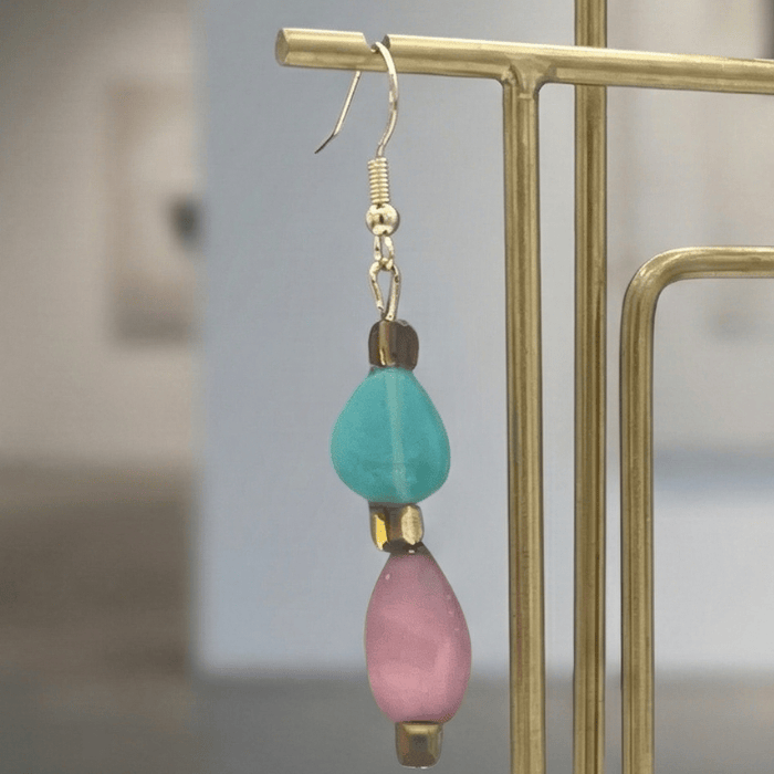 Pink and Green Drop Earrings featuring unique geometric beads and gold accents for a stylish look