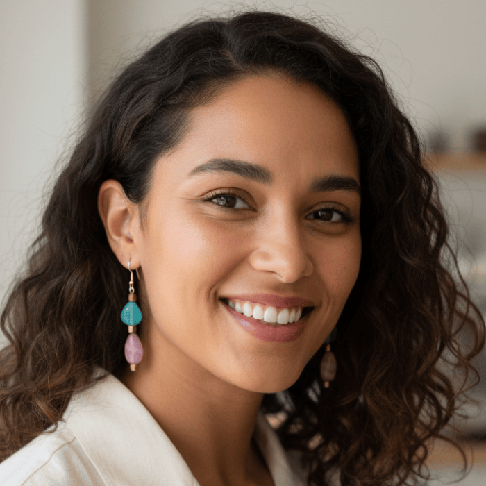 Model wearing Pink and Green Drop Earrings showcasing vibrant colors and unique design