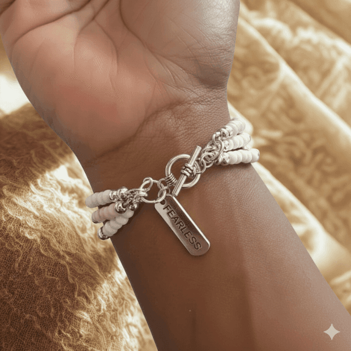 Pink Fearless Wrap Bracelet with white beads and a silver Fearless tag clasp
