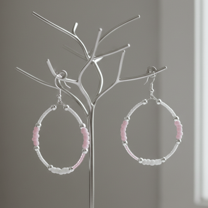Pink Seed Bead Hoop Earrings by Peace N Beads Design with silver accents and vibrant colors