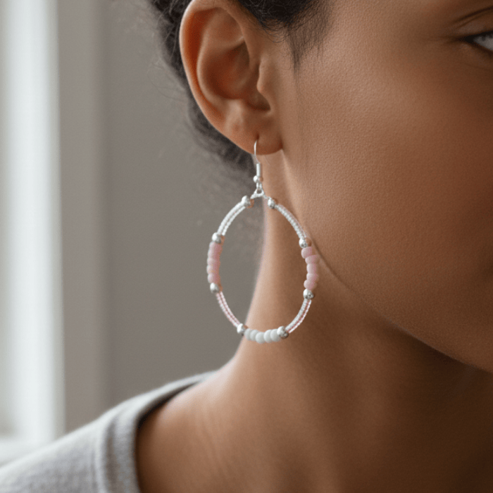 Pink Seed Bead Hoop Earrings with a Silver Hook, worn by a model