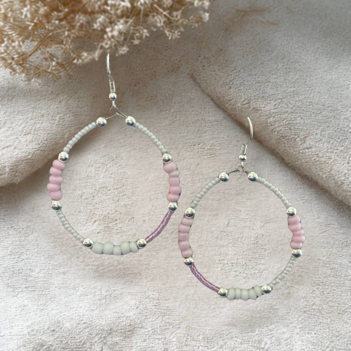 Pink Seed Bead Hoop Earrings by Peace N Beads Design featuring colorful beads in a stylish hoop design