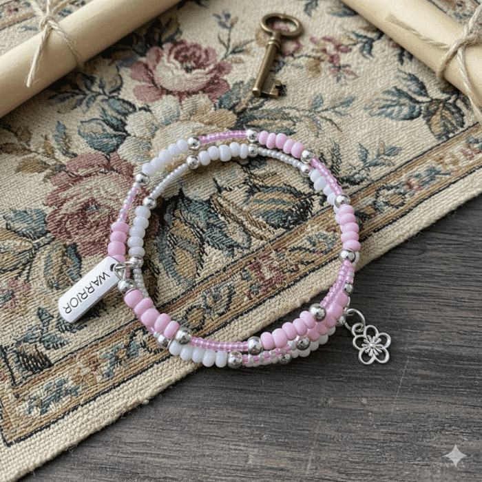 Pink Warrior Wrap Bracelet featuring colorful beads and a floral charm on a vintage background