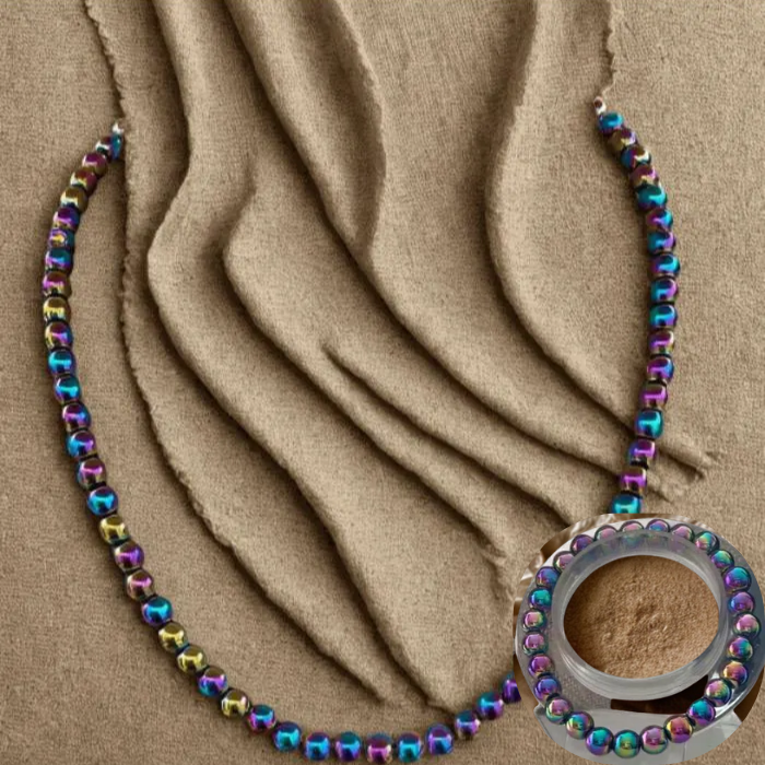 Rainbow Hematite Jewelry Set featuring colorful beads on a textured fabric background