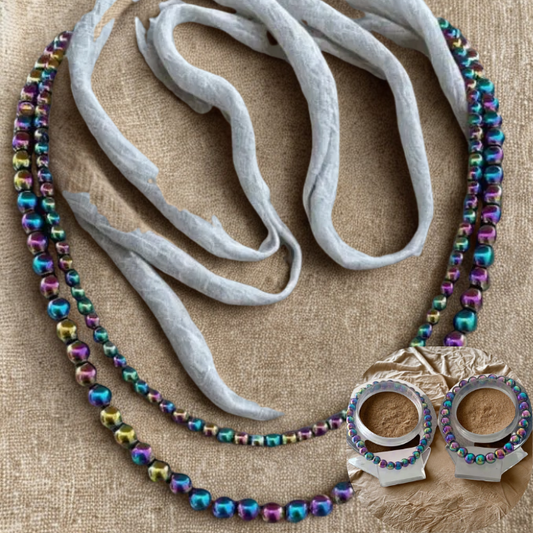 Rainbow Hematite Jewelry Set with vibrant beads on a neutral background, perfect for stylish accessories