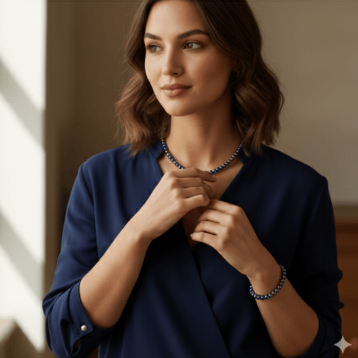 Model wearing a Rainbow Hematite Jewelry Set, featuring a matching necklace and bracelet